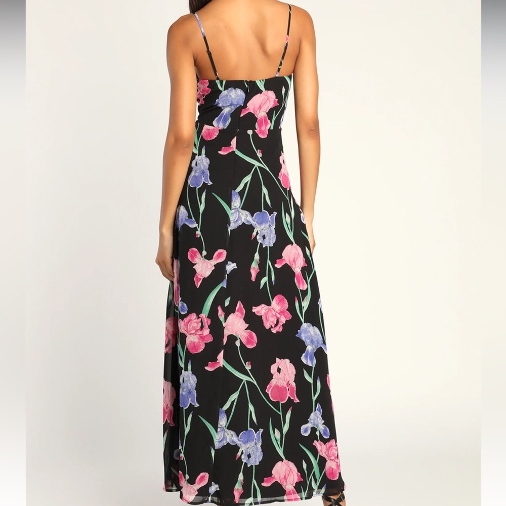 Lulu’s Elegant Bliss Black Dark Floral‎ Print Ruffled Sleeveless Maxi Dress - Picture 4 of 10